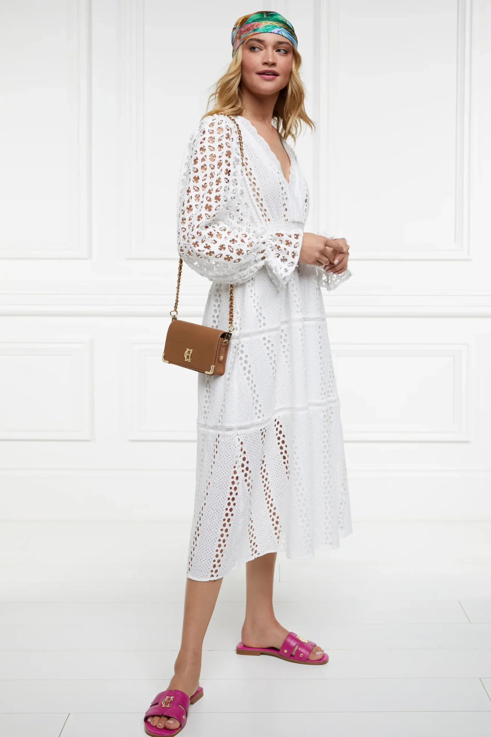 Holland Cooper Broderie Lace V-Neck Midi Dress Clearance