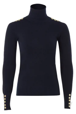 Holland Cooper Buttoned Knit Roll Neck Ink Navy Discount