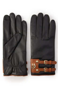 Holland Cooper Contrast Leather Gloves Black Tan Sale