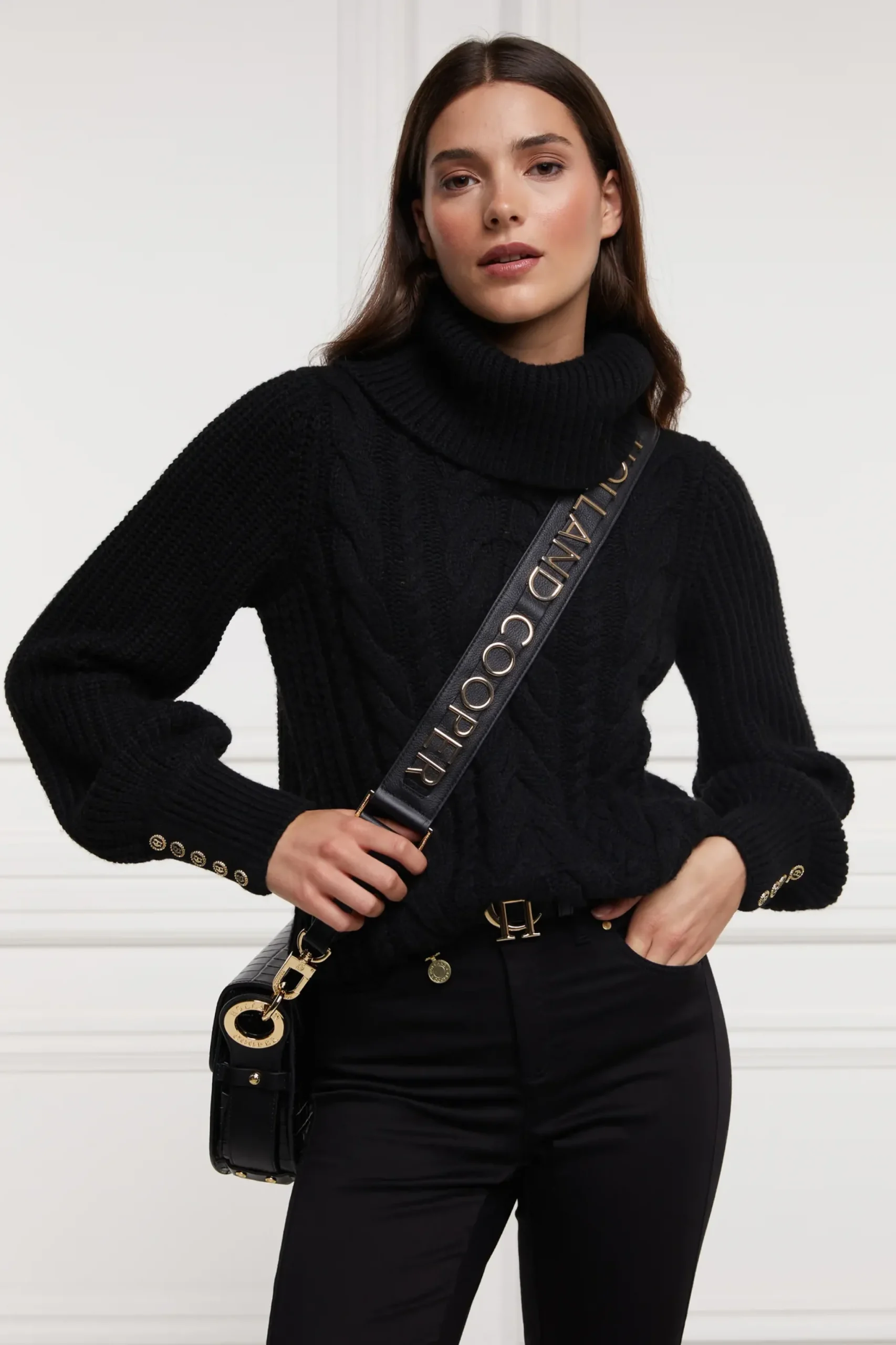 Holland Cooper Corded Roll Neck Knit Black New