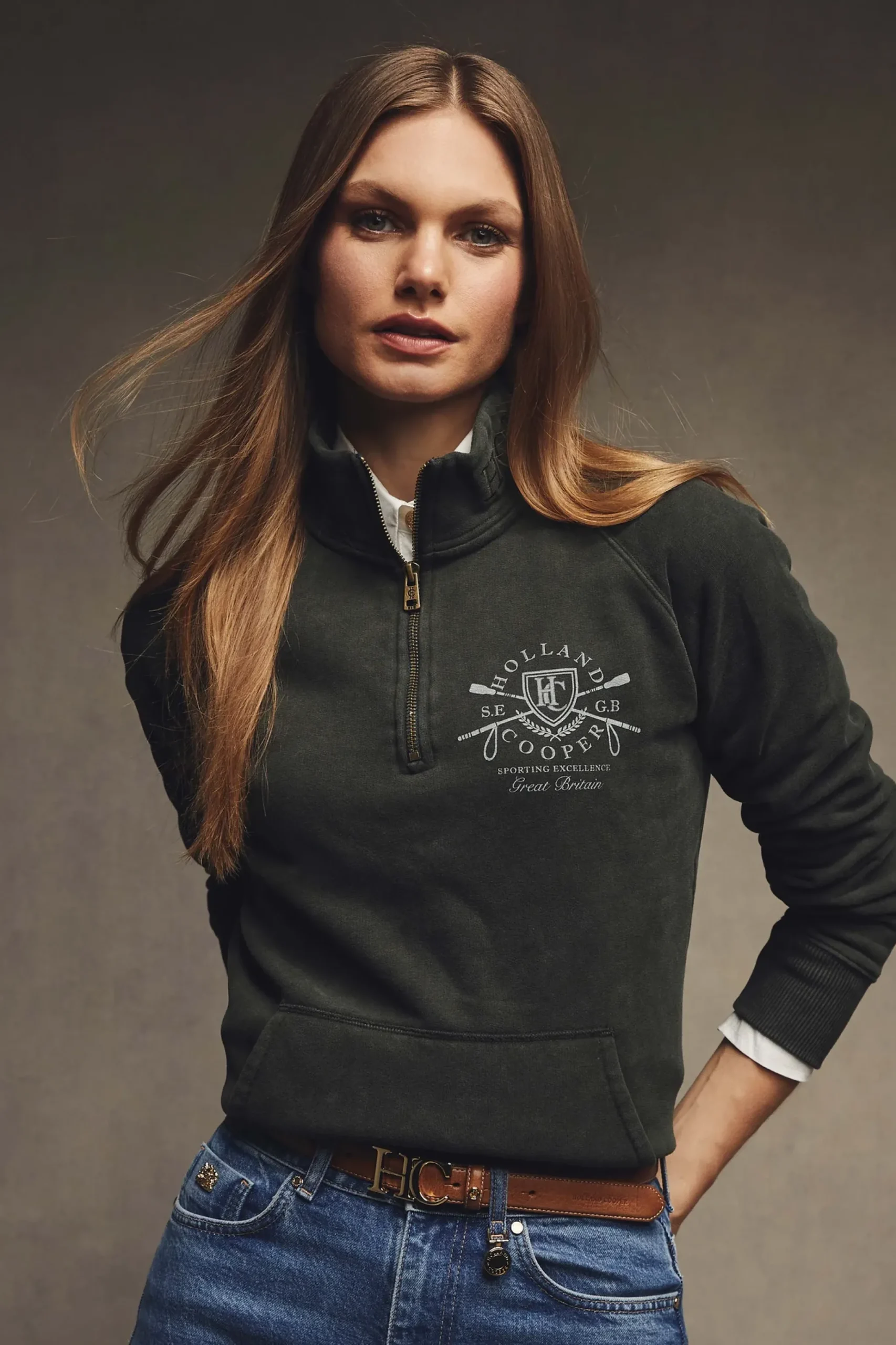 Holland Cooper Crest Zip Henley Racing Green New