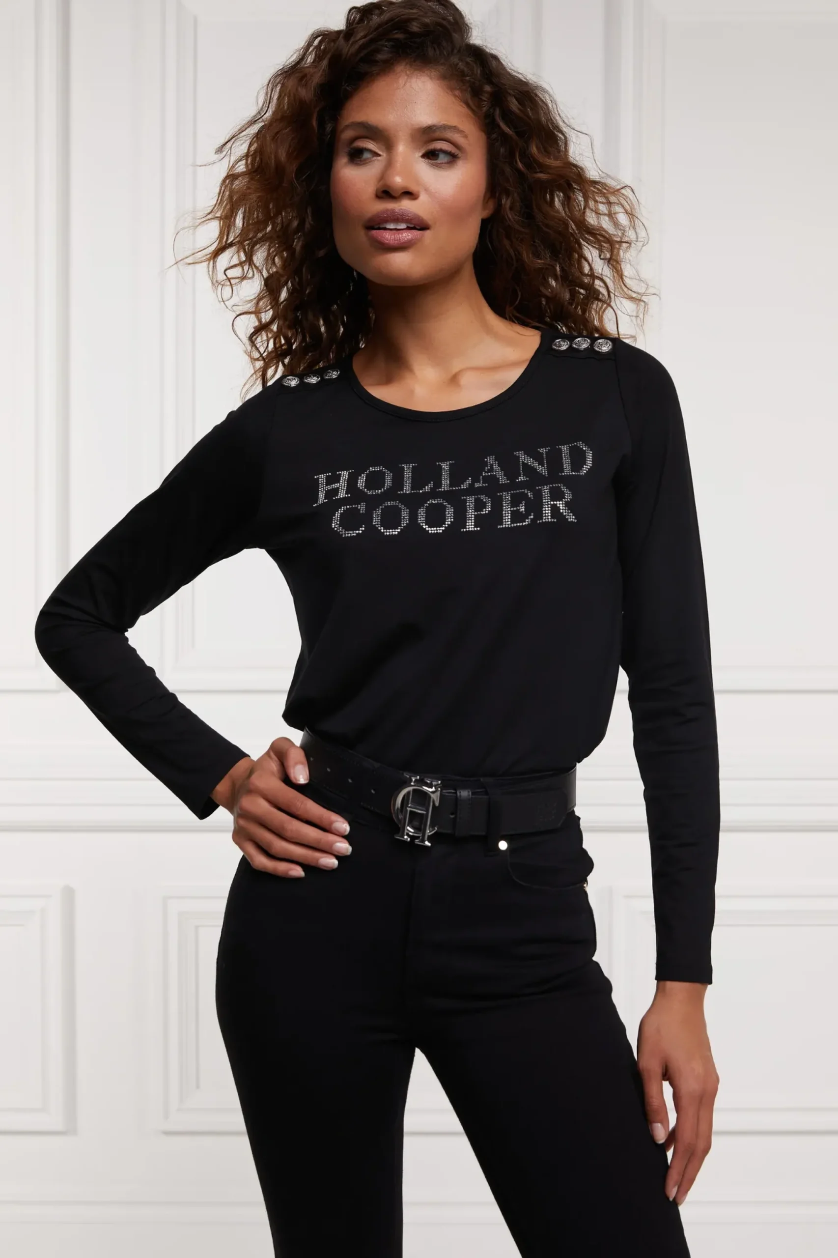 Holland Cooper Diamante Long Sleeve Crew Neck Tee Black Silver