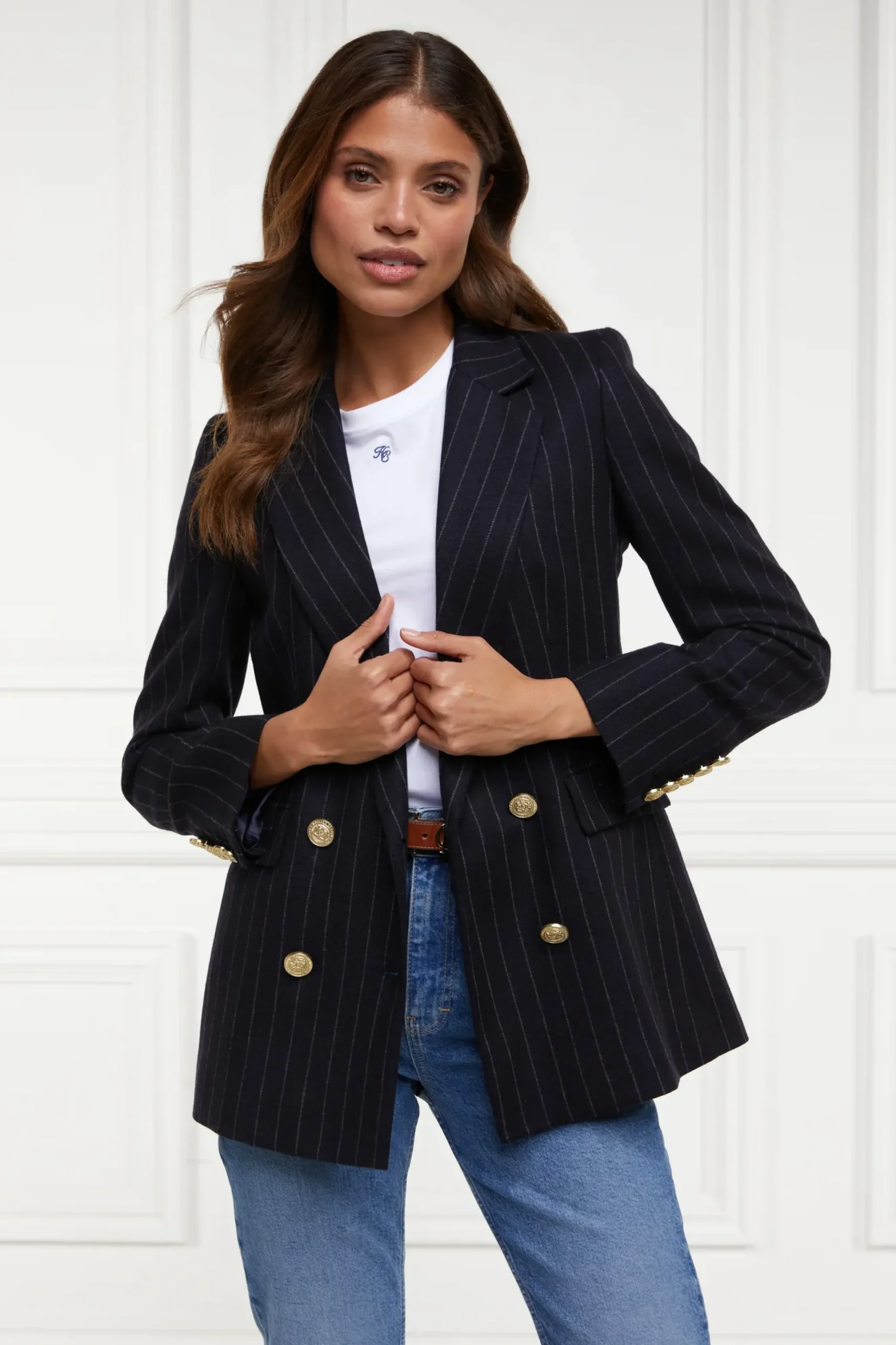 Holland Cooper Double Breasted Blazer Navy Chalk Pin Stripe Best