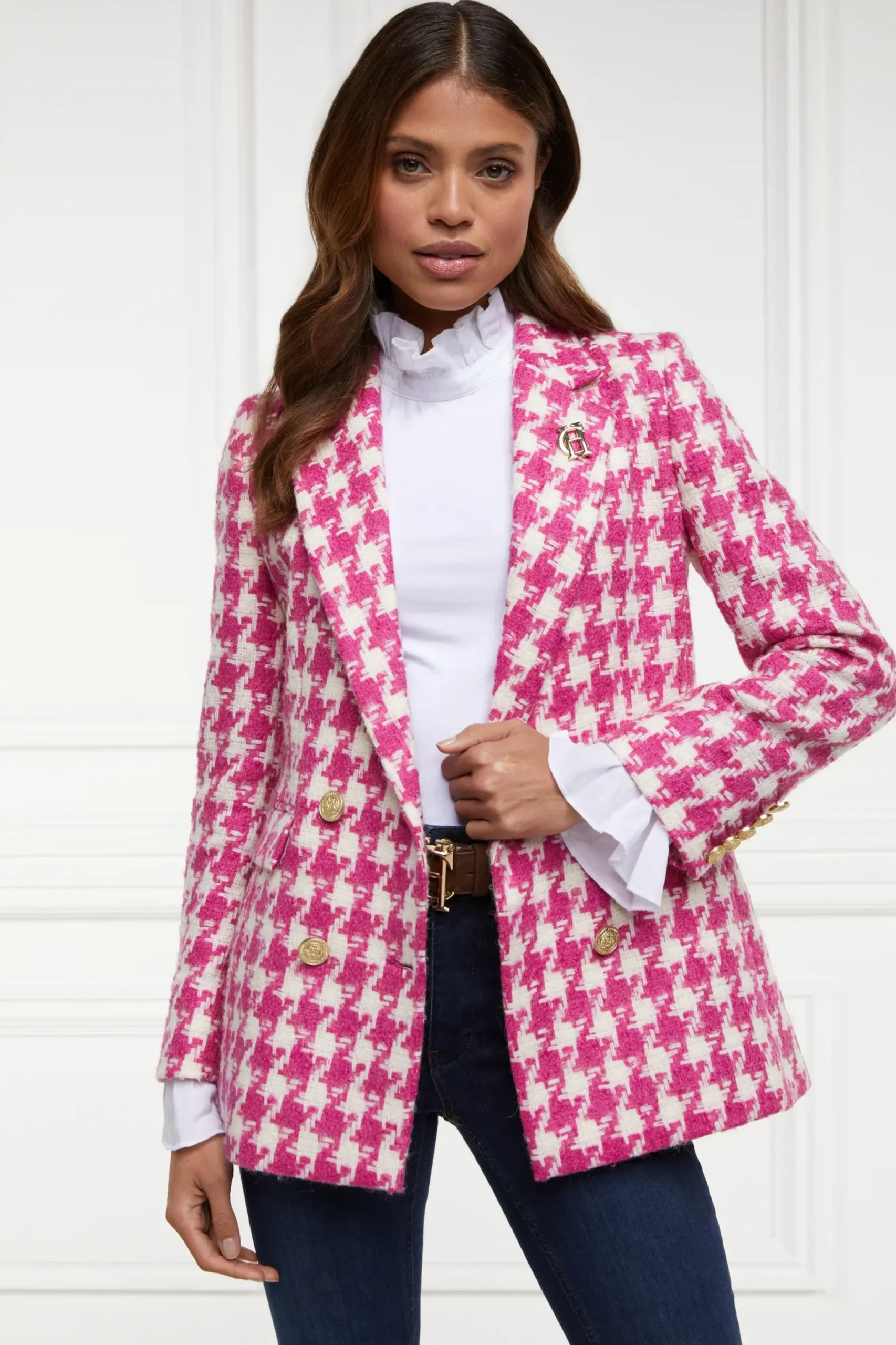 Holland Cooper Double Breasted Blazer Hot Pink Large Scale Houndstooth Discount