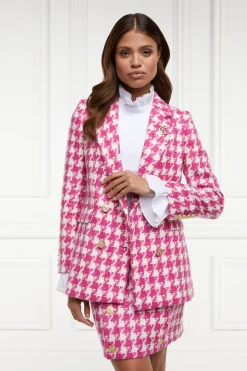 Holland Cooper Double Breasted Blazer Hot Pink Large Scale Houndstooth Discount