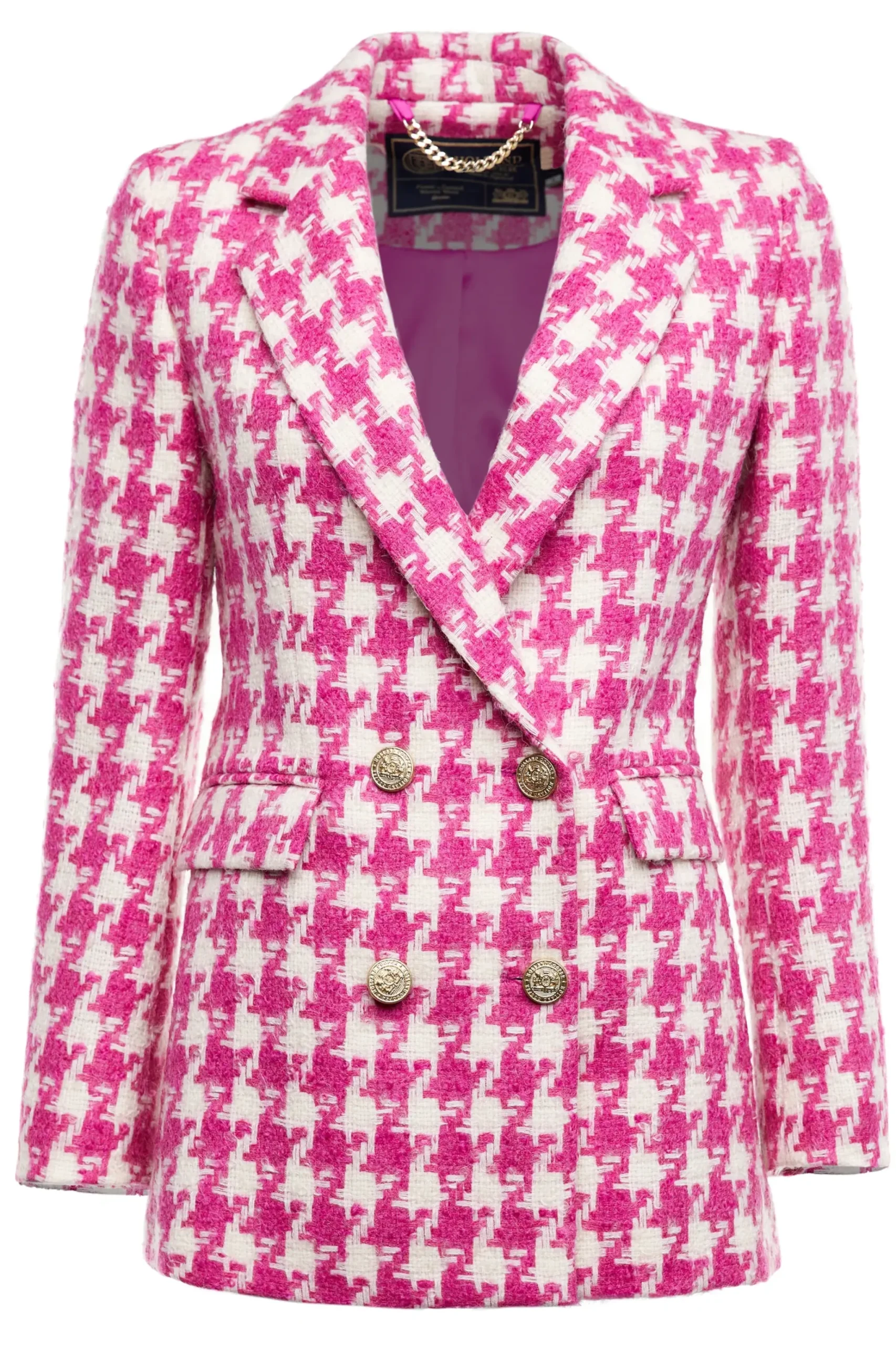 Holland Cooper Double Breasted Blazer Hot Pink Large Scale Houndstooth Discount