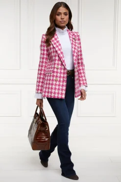 Holland Cooper Double Breasted Blazer Hot Pink Large Scale Houndstooth Discount