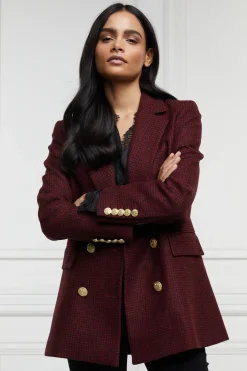 Holland Cooper Double Breasted Blazer Deep Red Houndstooth