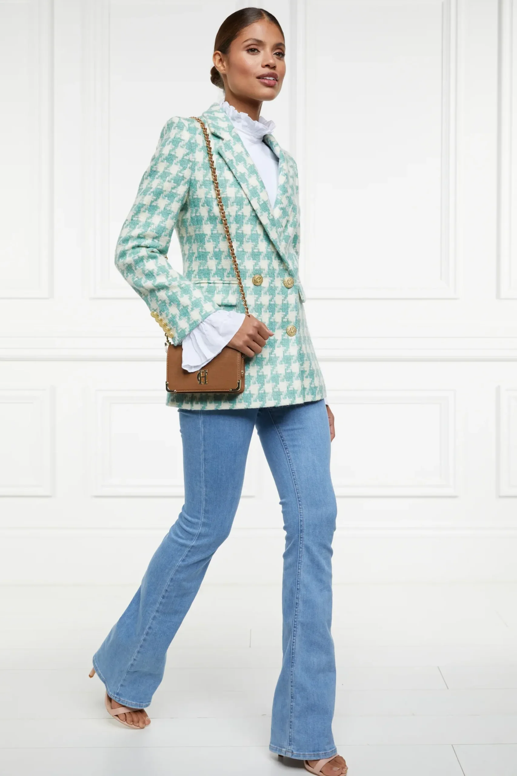 Holland Cooper Double Breasted Blazer Large Scale Teal Houndstooth Clearance