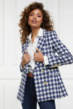 Holland Cooper Double Breasted Blazer Large Scale Navy Houndstooth Clearance