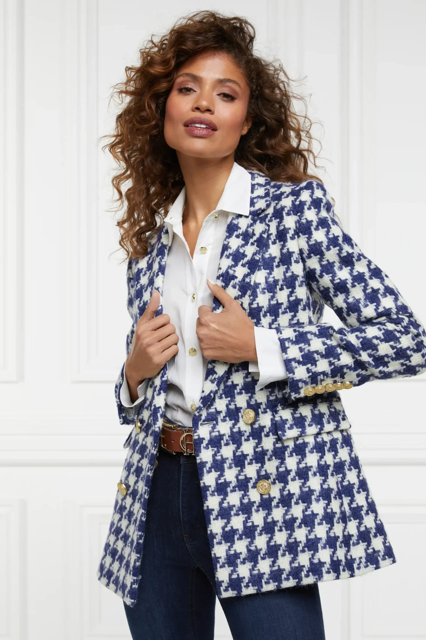 Holland Cooper Double Breasted Blazer Large Scale Navy Houndstooth Clearance