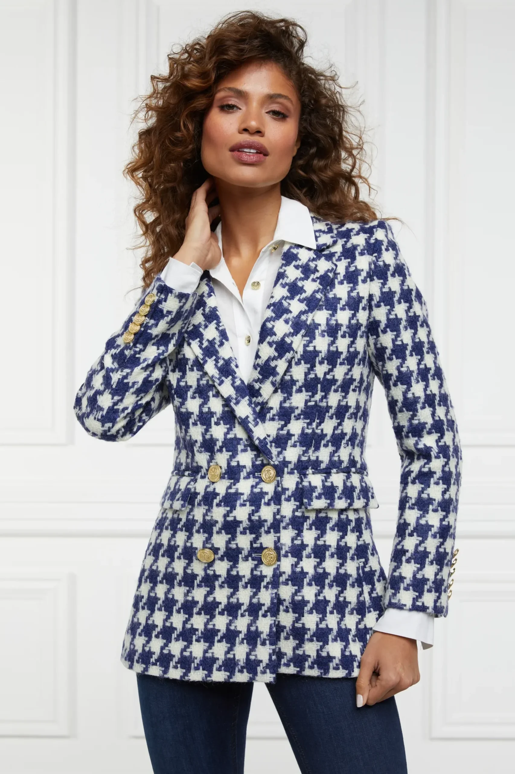 Holland Cooper Double Breasted Blazer Large Scale Navy Houndstooth Clearance