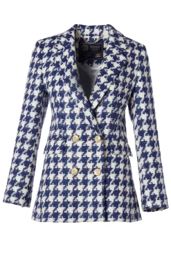 Holland Cooper Double Breasted Blazer Large Scale Navy Houndstooth Clearance