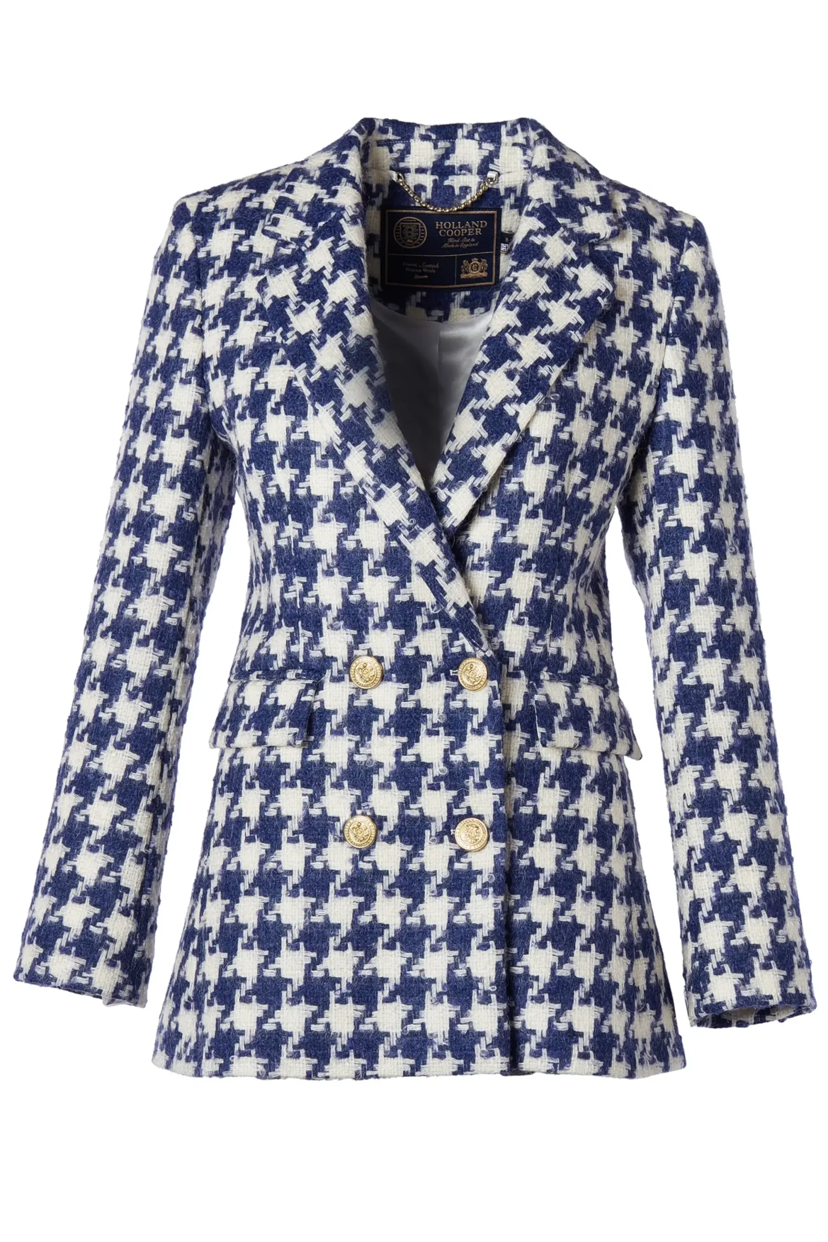 Holland Cooper Double Breasted Blazer Large Scale Navy Houndstooth Clearance
