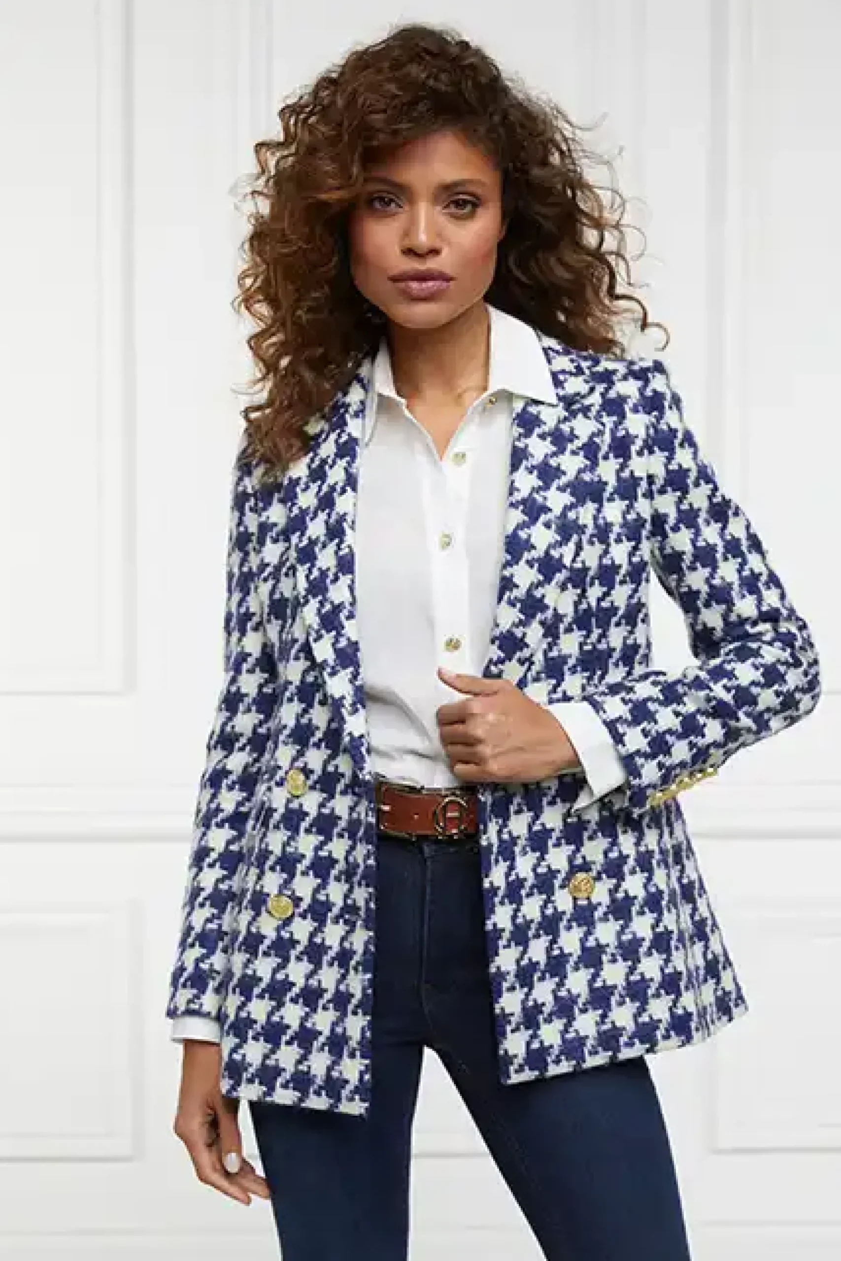 Holland Cooper Double Breasted Blazer Large Scale Navy Houndstooth Clearance