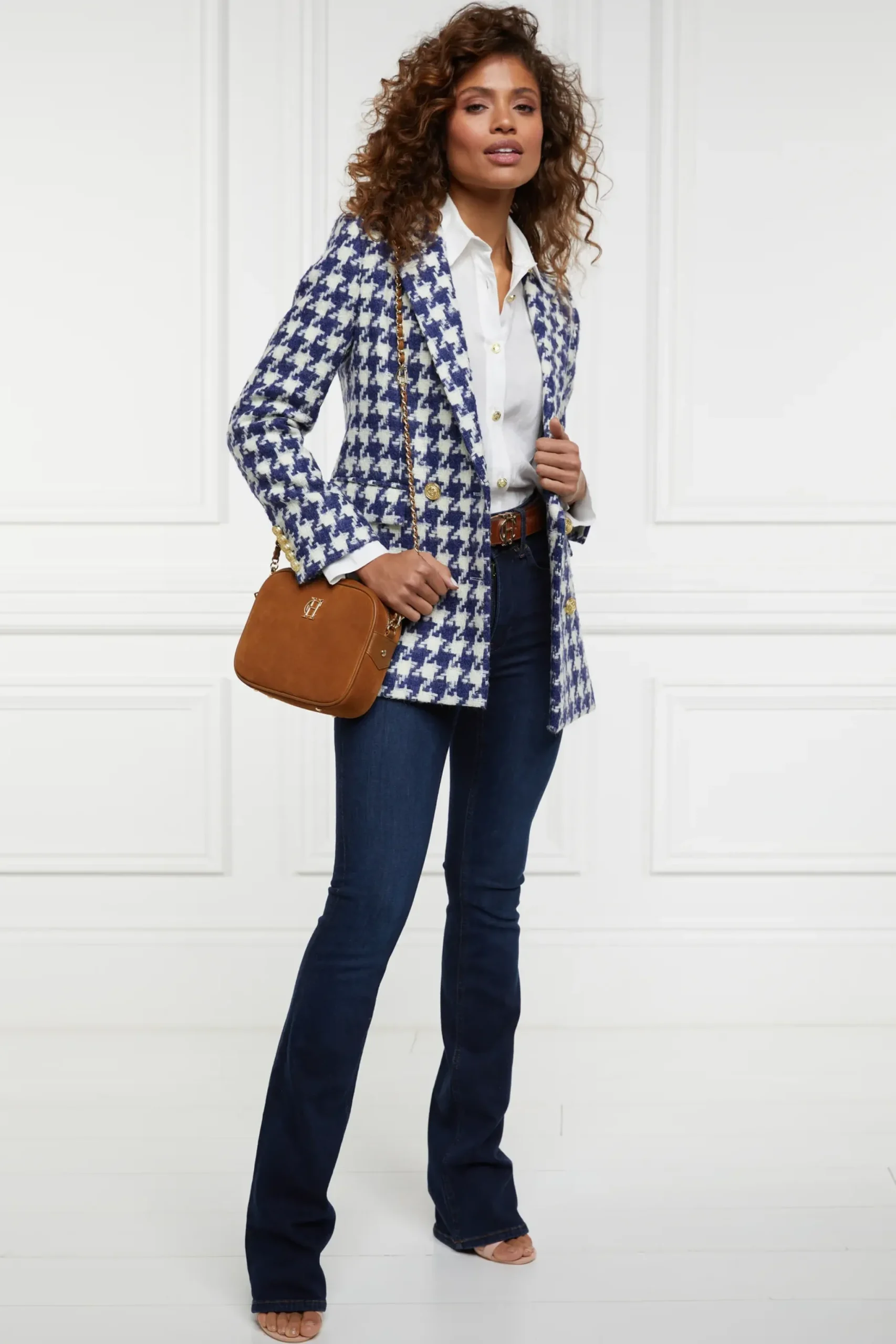 Holland Cooper Double Breasted Blazer Large Scale Navy Houndstooth Clearance