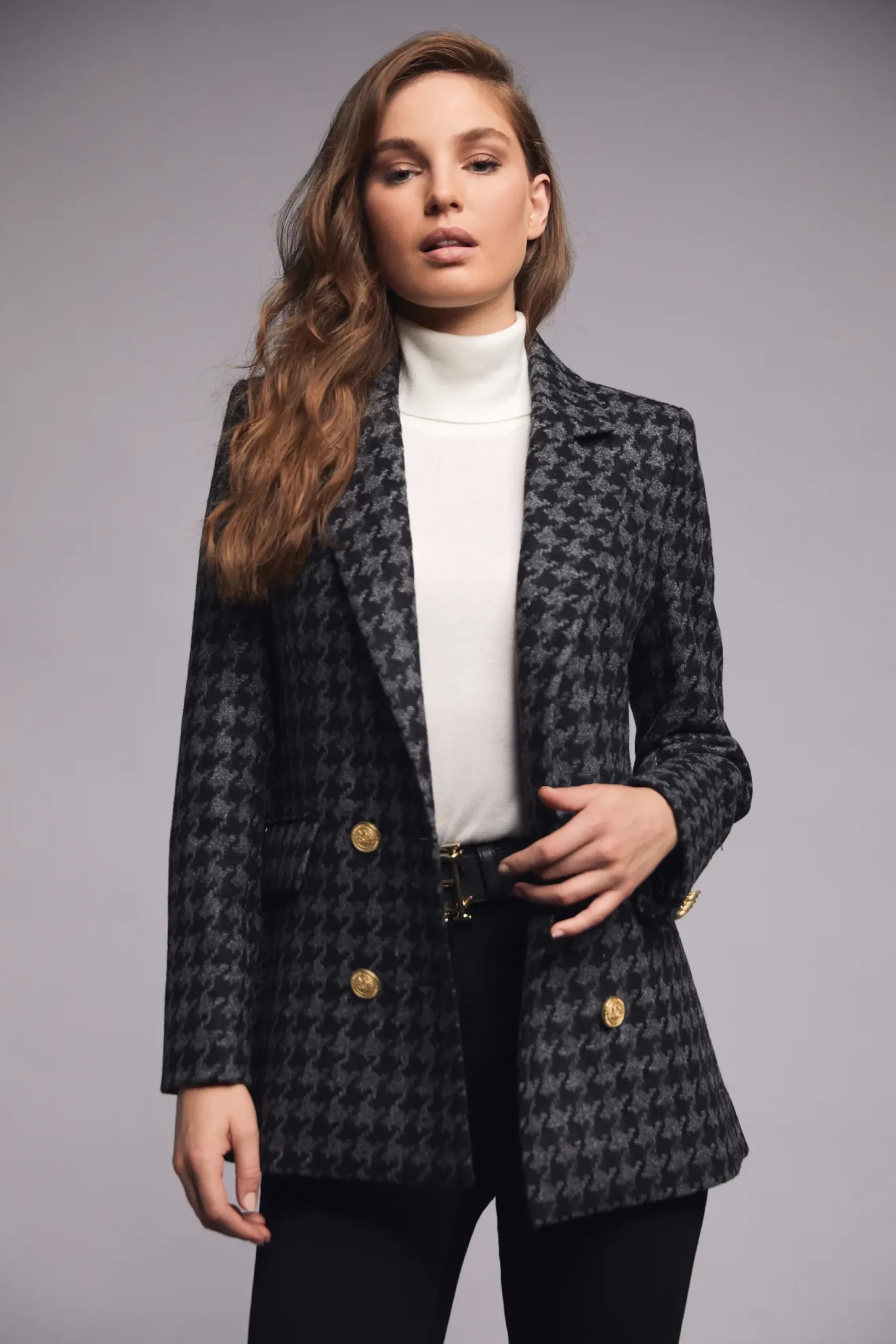 Holland Cooper Double Breasted Blazer Large Scale Charcoal Houndstooth Sale