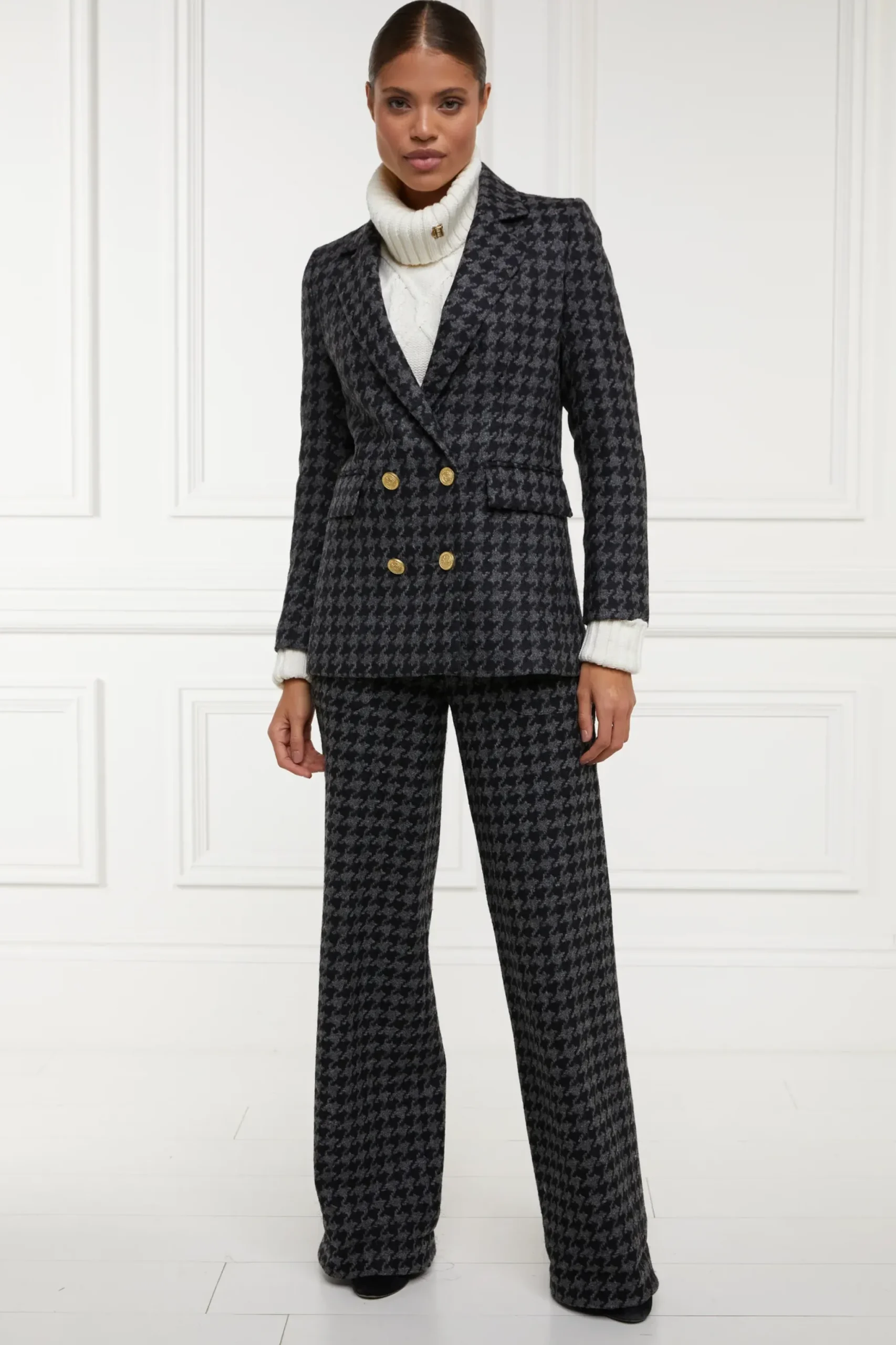 Holland Cooper Double Breasted Blazer Large Scale Charcoal Houndstooth Sale