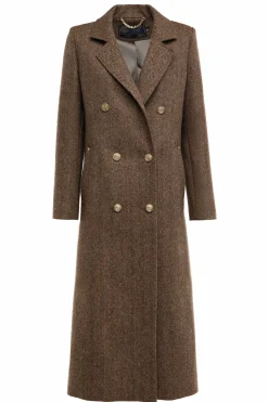 Holland Cooper Double Breasted Coat Large Scale Brown Herringbone Hot