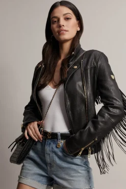 Holland Cooper Fringed Leather Biker Jacket Discount