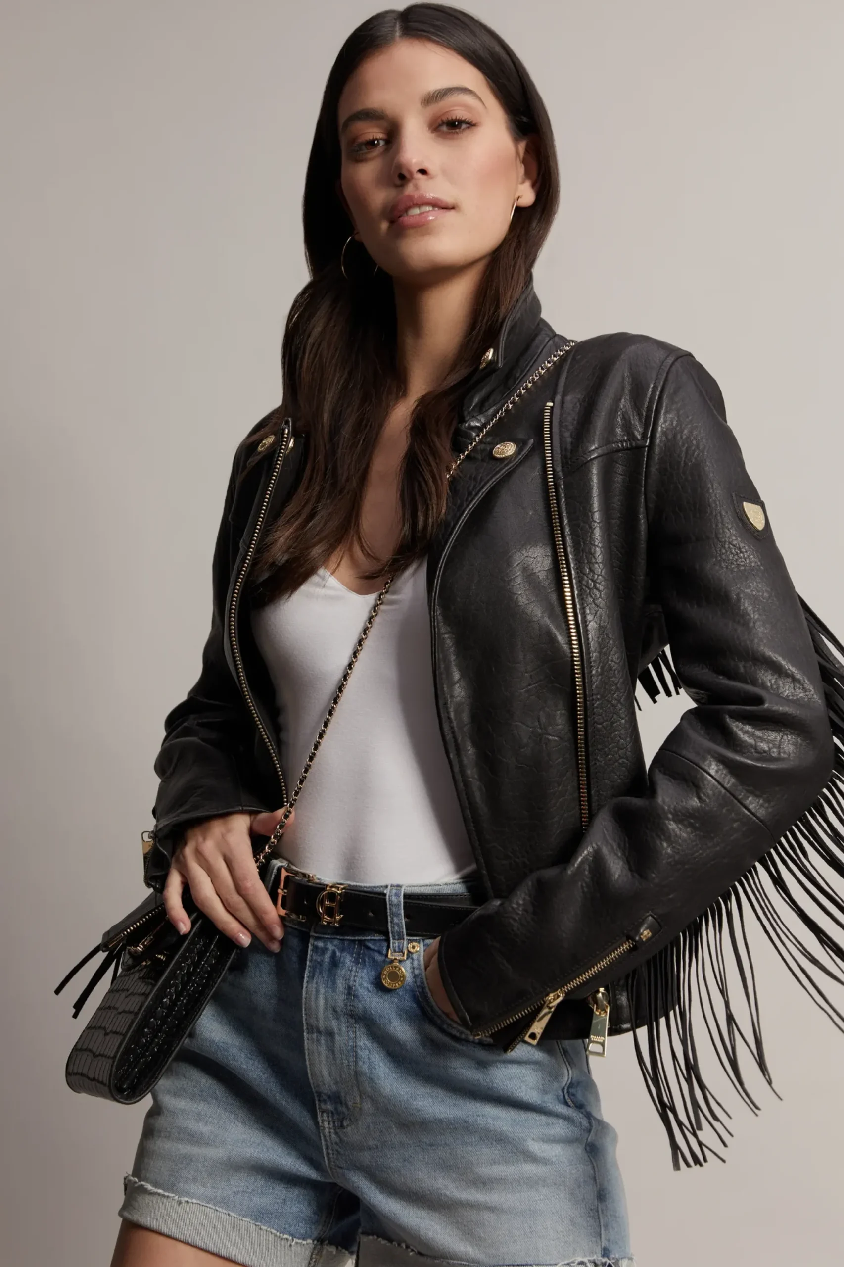 Holland Cooper Fringed Leather Biker Jacket Discount