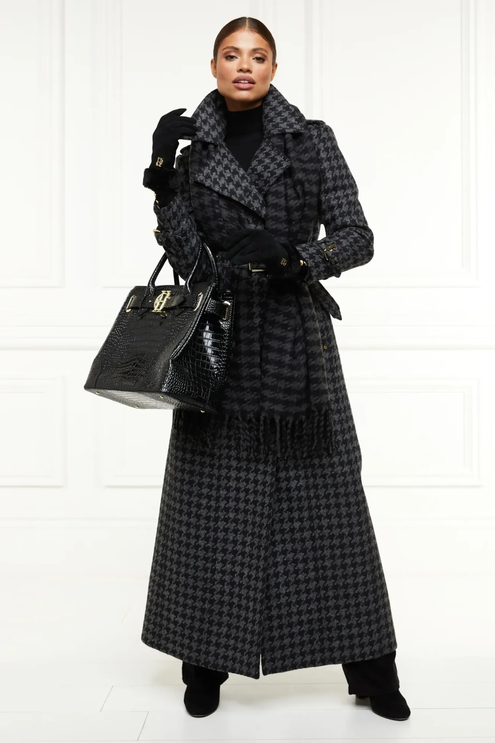 Holland Cooper Full Length Chelsea Trench Coat Large Scale Charcoal Houndstooth Outlet