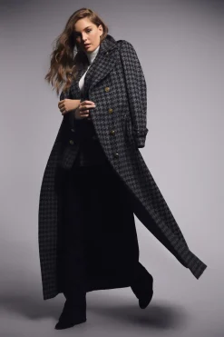 Holland Cooper Full Length Chelsea Trench Coat Large Scale Charcoal Houndstooth Outlet