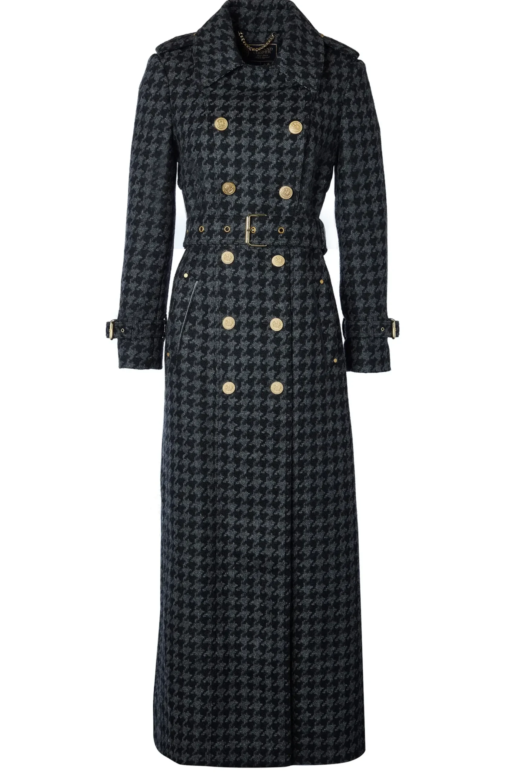 Holland Cooper Full Length Chelsea Trench Coat Large Scale Charcoal Houndstooth Outlet