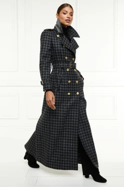Holland Cooper Full Length Chelsea Trench Coat Large Scale Charcoal Houndstooth Outlet