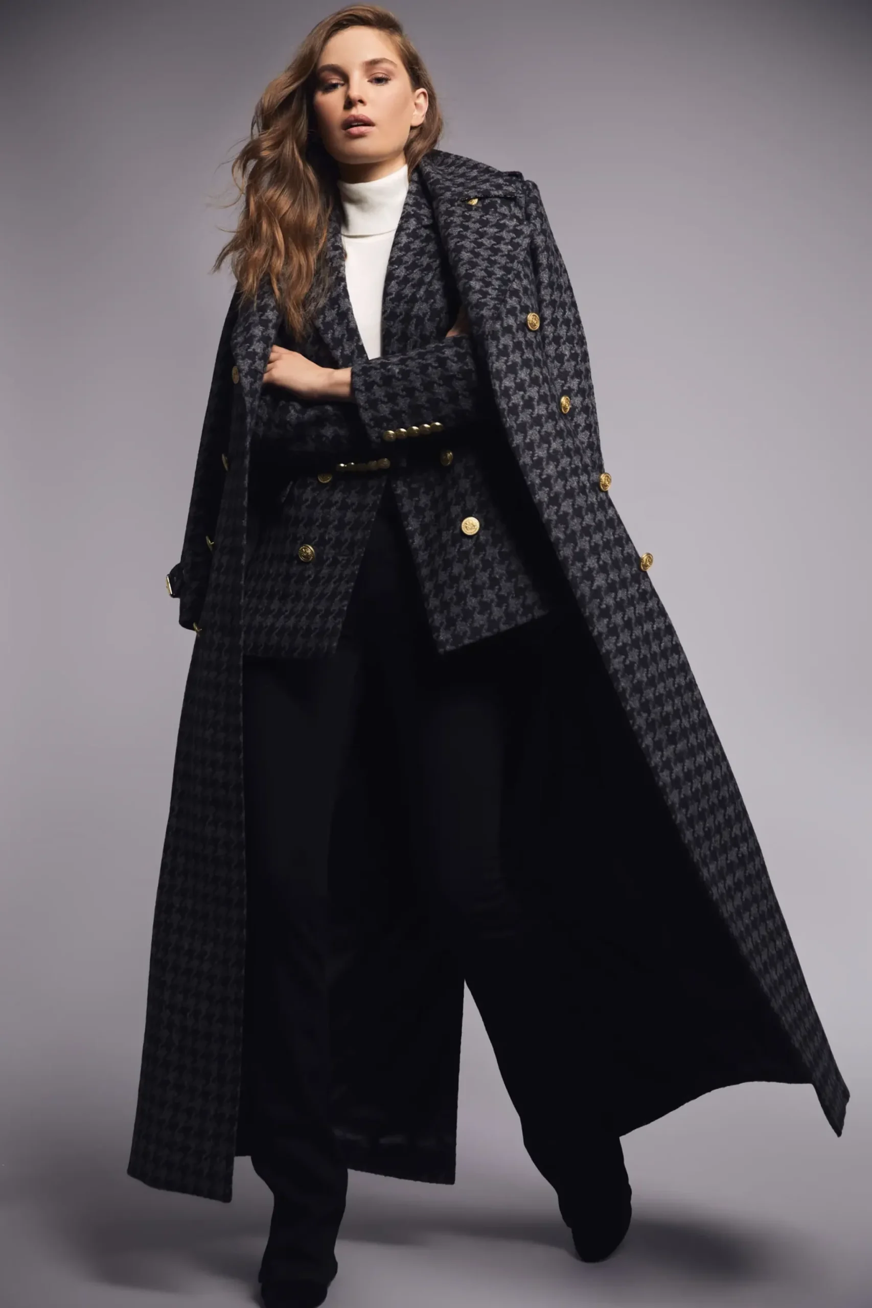 Holland Cooper Full Length Chelsea Trench Coat Large Scale Charcoal Houndstooth Outlet