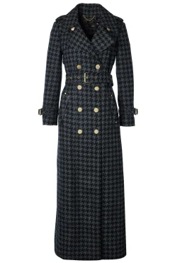 Holland Cooper Full Length Chelsea Trench Coat Large Scale Charcoal Houndstooth Outlet