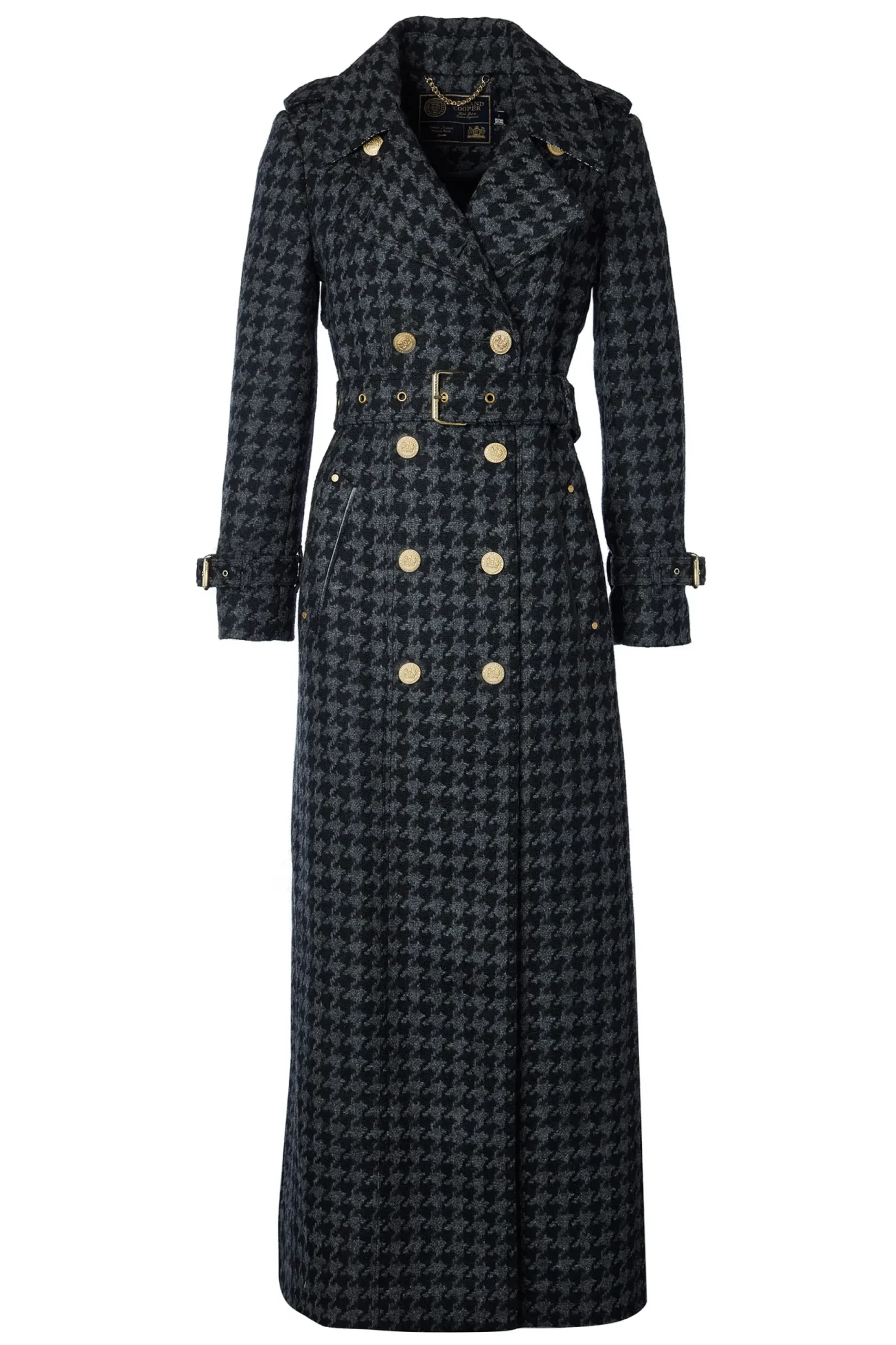 Holland Cooper Full Length Chelsea Trench Coat Large Scale Charcoal Houndstooth Outlet