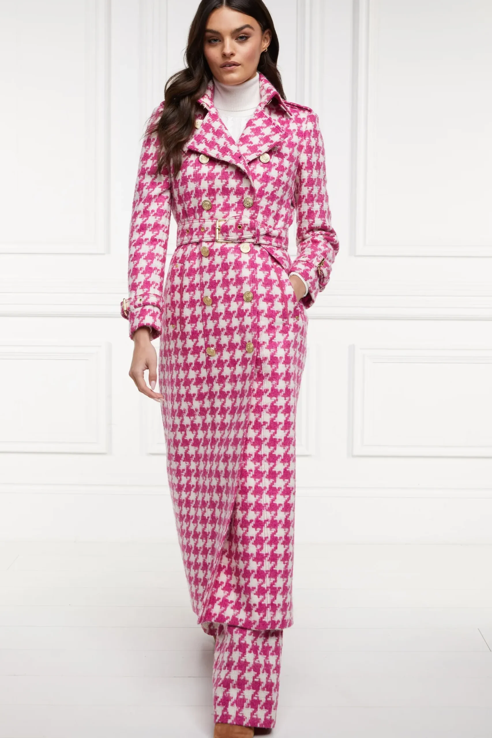 Holland Cooper Full Length Marlborough Trench Coat Hot Pink Large Scale Houndstooth New