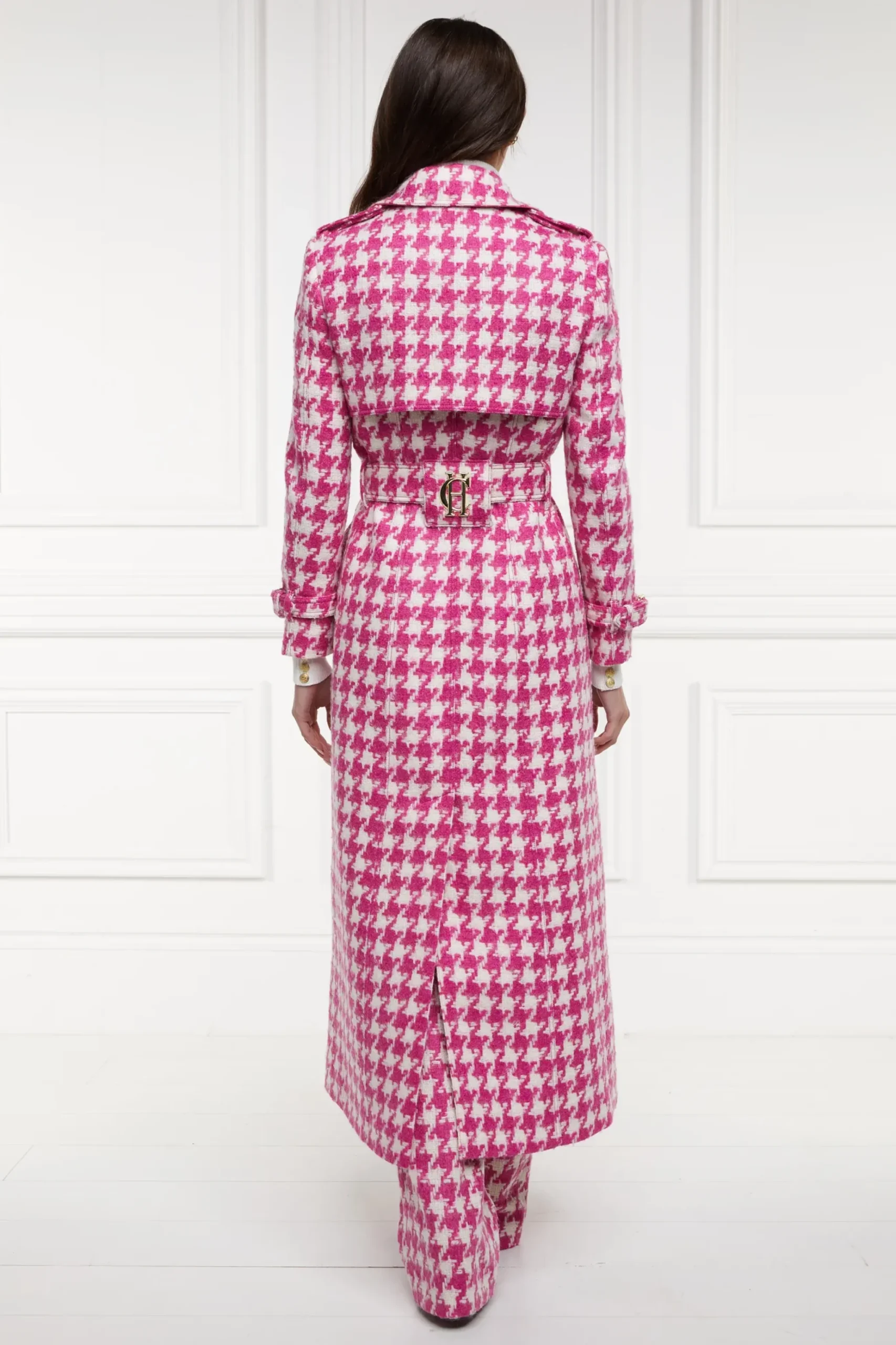 Holland Cooper Full Length Marlborough Trench Coat Hot Pink Large Scale Houndstooth New
