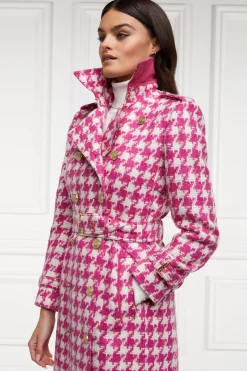 Holland Cooper Full Length Marlborough Trench Coat Hot Pink Large Scale Houndstooth New