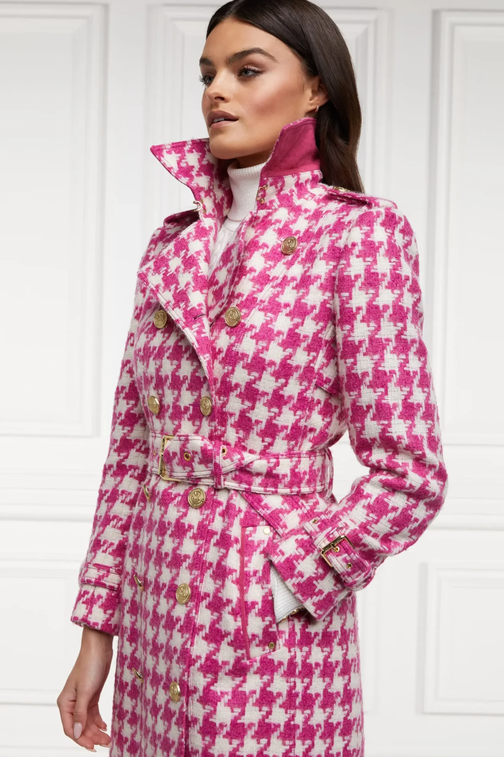 Holland Cooper Full Length Marlborough Trench Coat Hot Pink Large Scale Houndstooth New