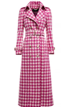 Holland Cooper Full Length Marlborough Trench Coat Hot Pink Large Scale Houndstooth New