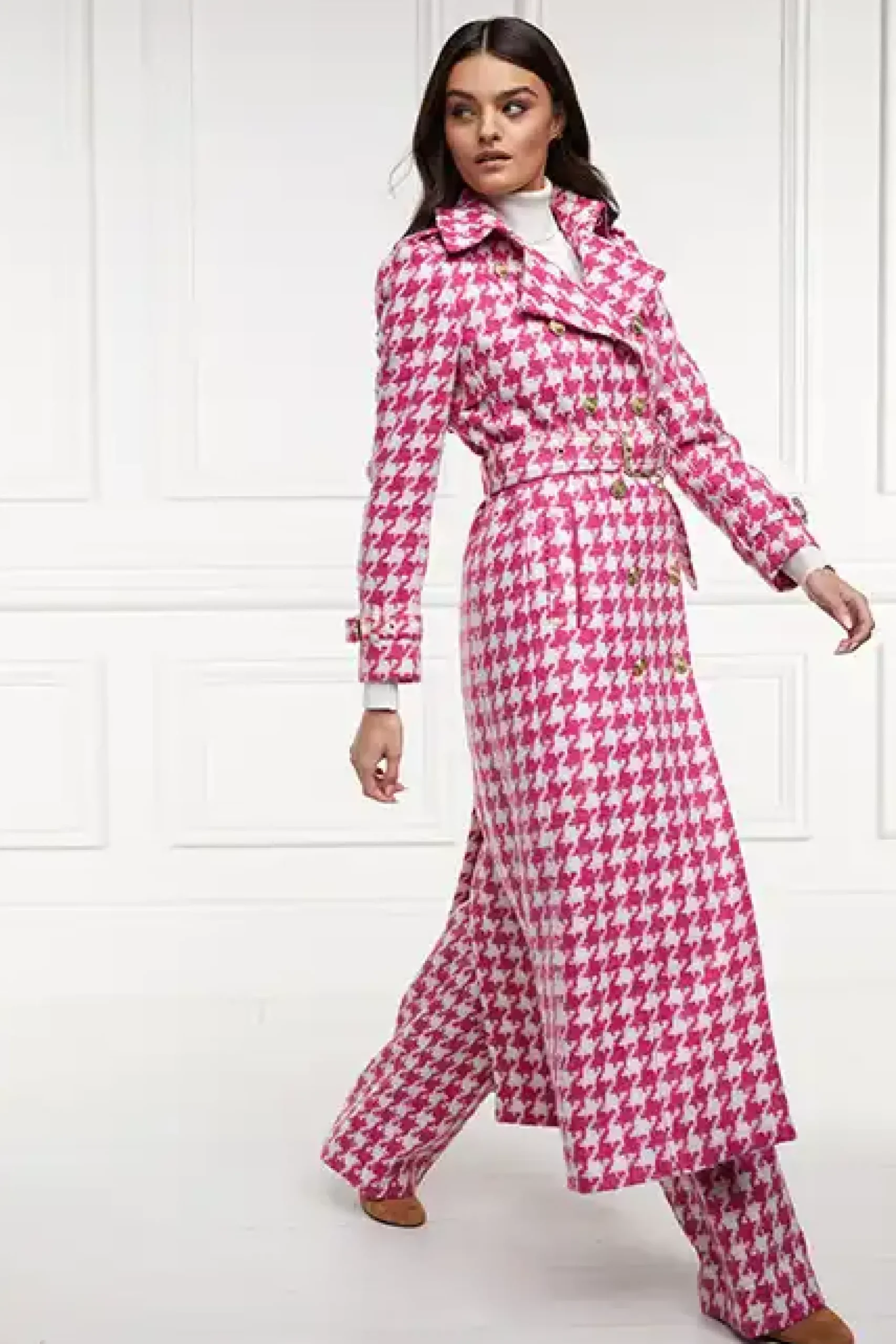 Holland Cooper Full Length Marlborough Trench Coat Hot Pink Large Scale Houndstooth New