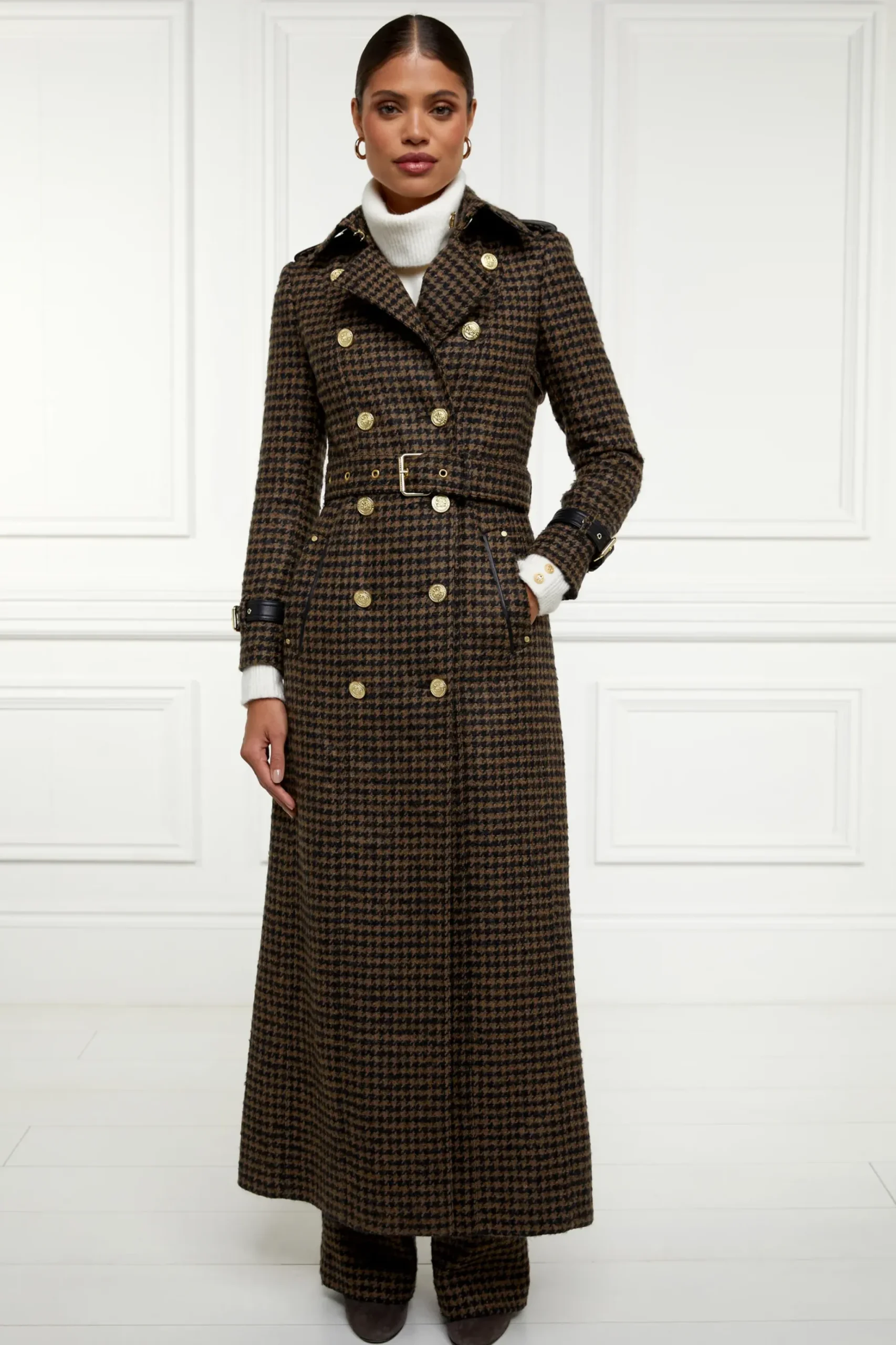 Holland Cooper Full Length Marlborough Trench Coat Chocolate Houndstooth Best