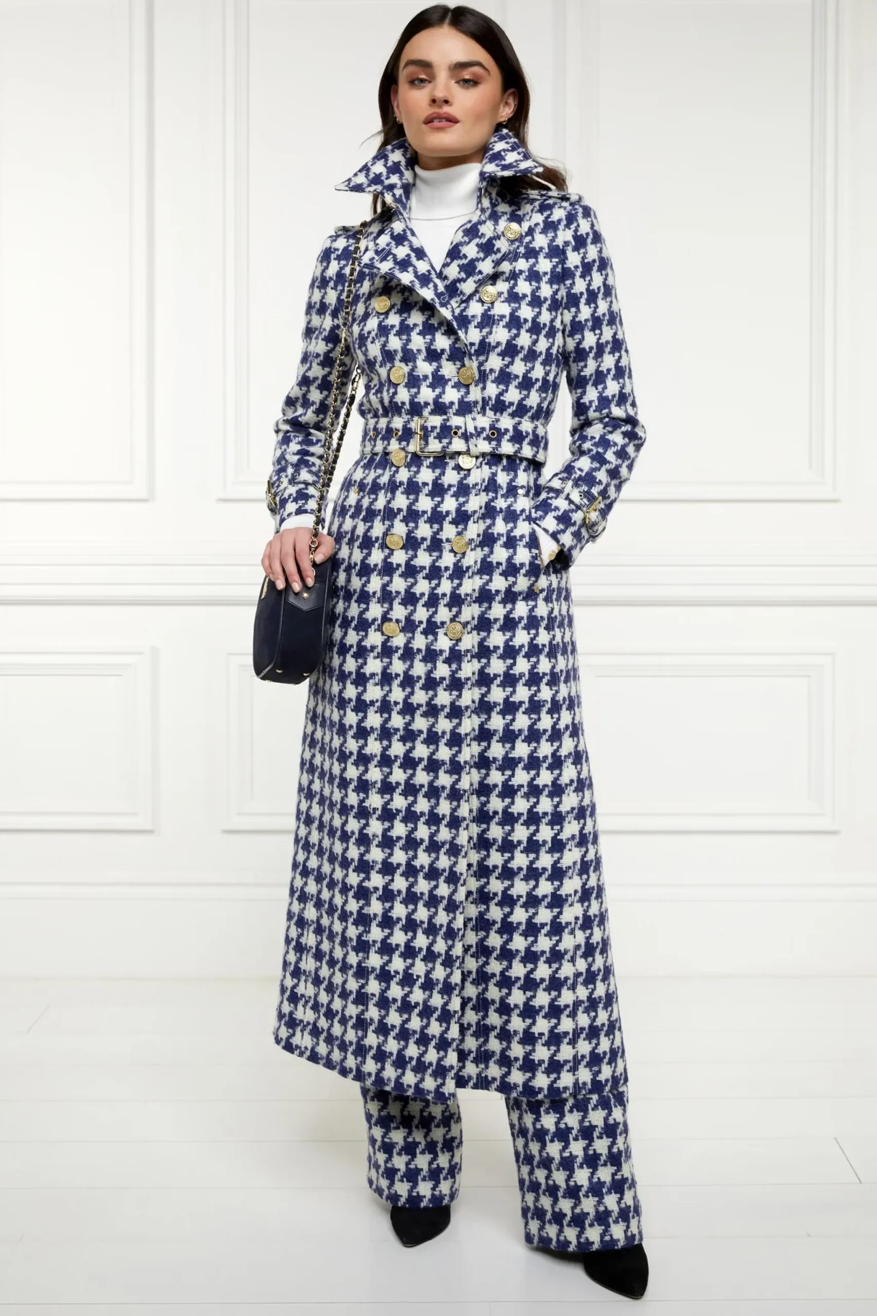 Holland Cooper Full Length Marlborough Trench Coat Large Scale Navy Houndstooth Best