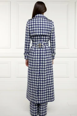 Holland Cooper Full Length Marlborough Trench Coat Large Scale Navy Houndstooth Best