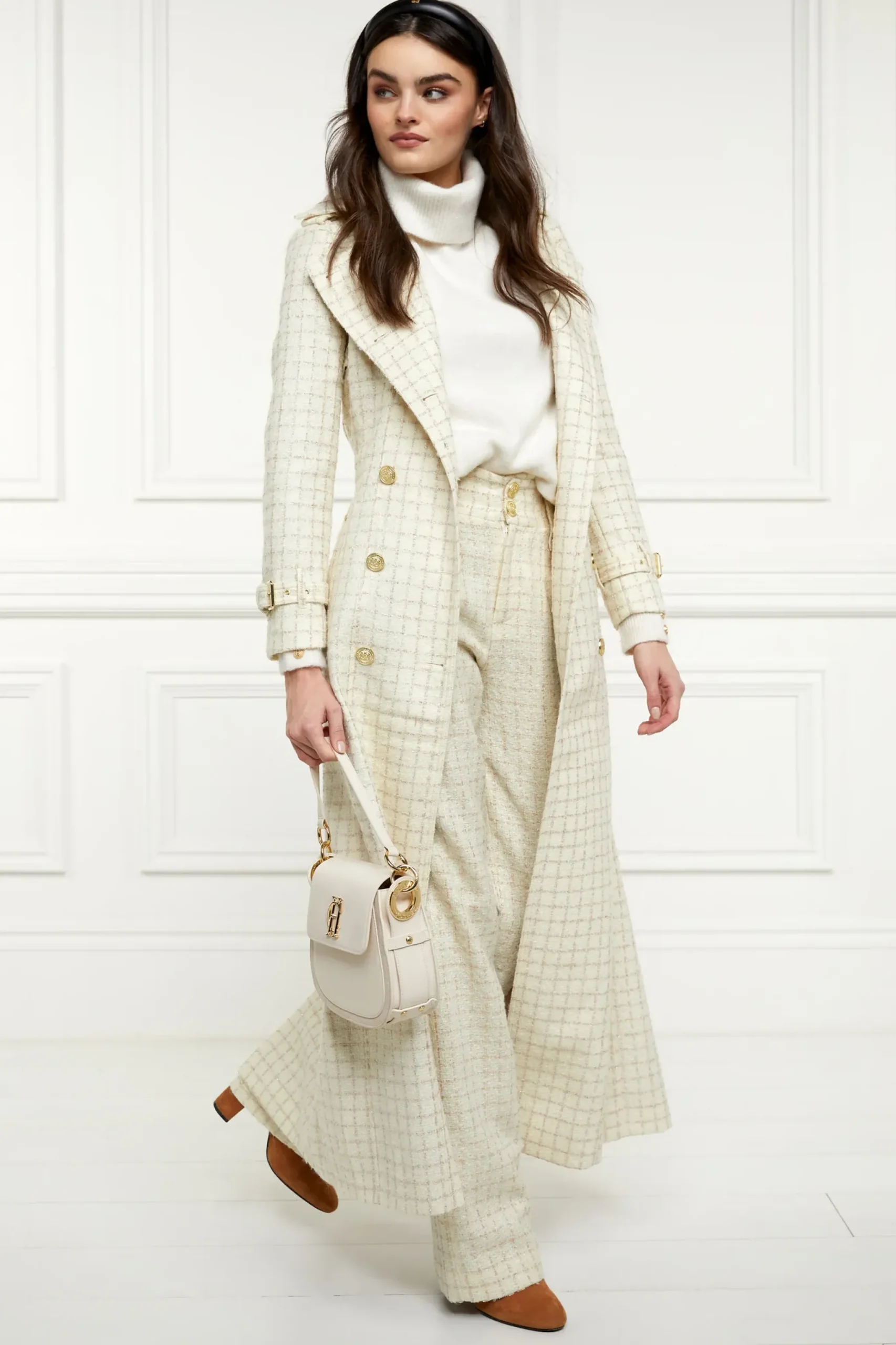 Holland Cooper Full Length Marlborough Trench Coat Ivory Sparkle Tweed Outlet
