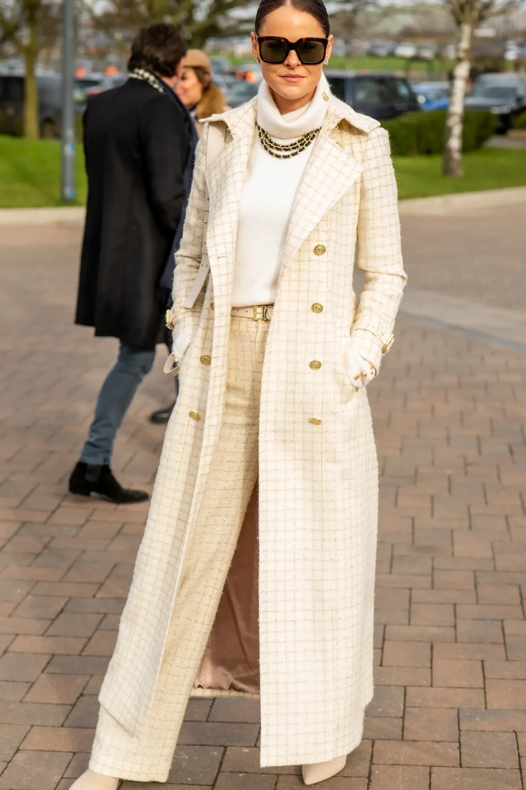 Holland Cooper Full Length Marlborough Trench Coat Ivory Sparkle Tweed Outlet