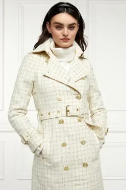Holland Cooper Full Length Marlborough Trench Coat Ivory Sparkle Tweed Outlet