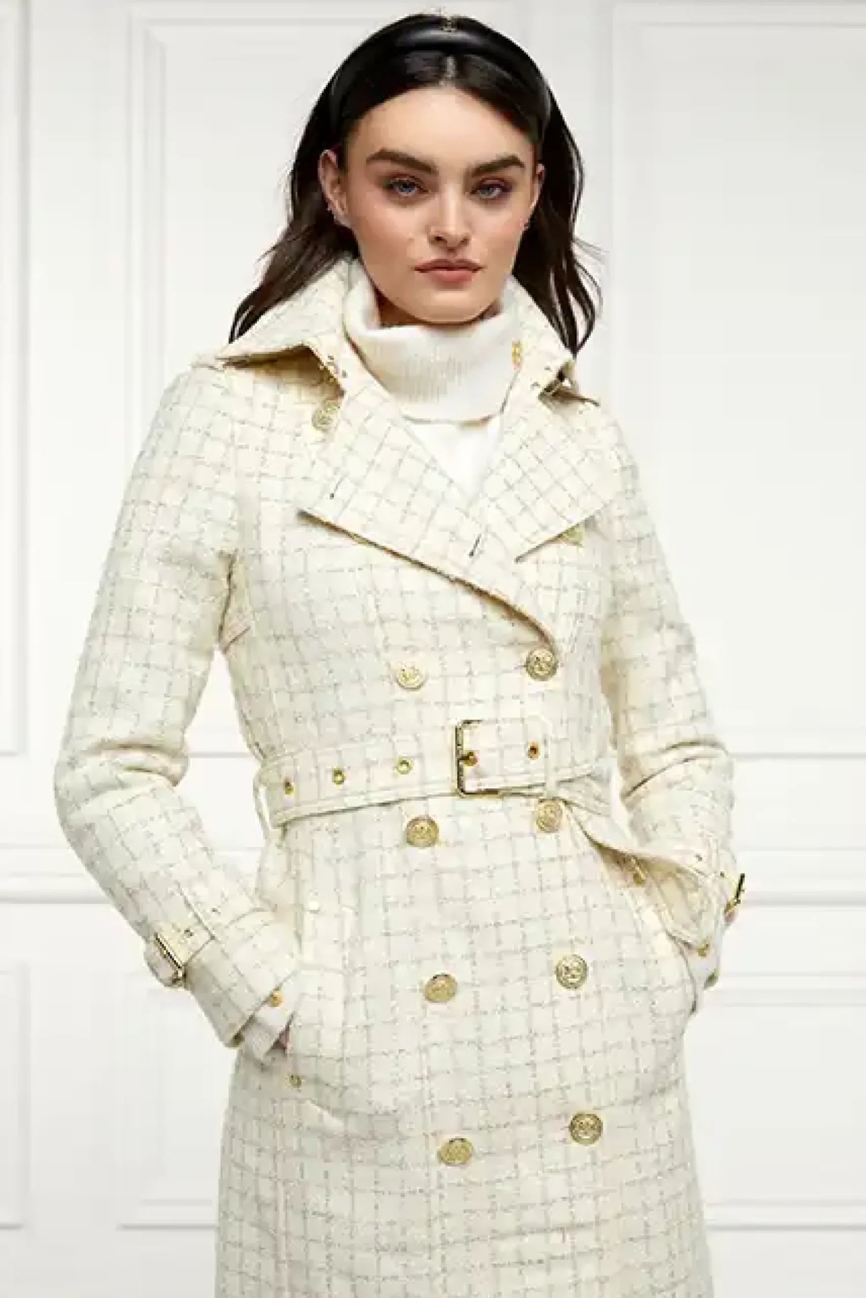 Holland Cooper Full Length Marlborough Trench Coat Ivory Sparkle Tweed Outlet