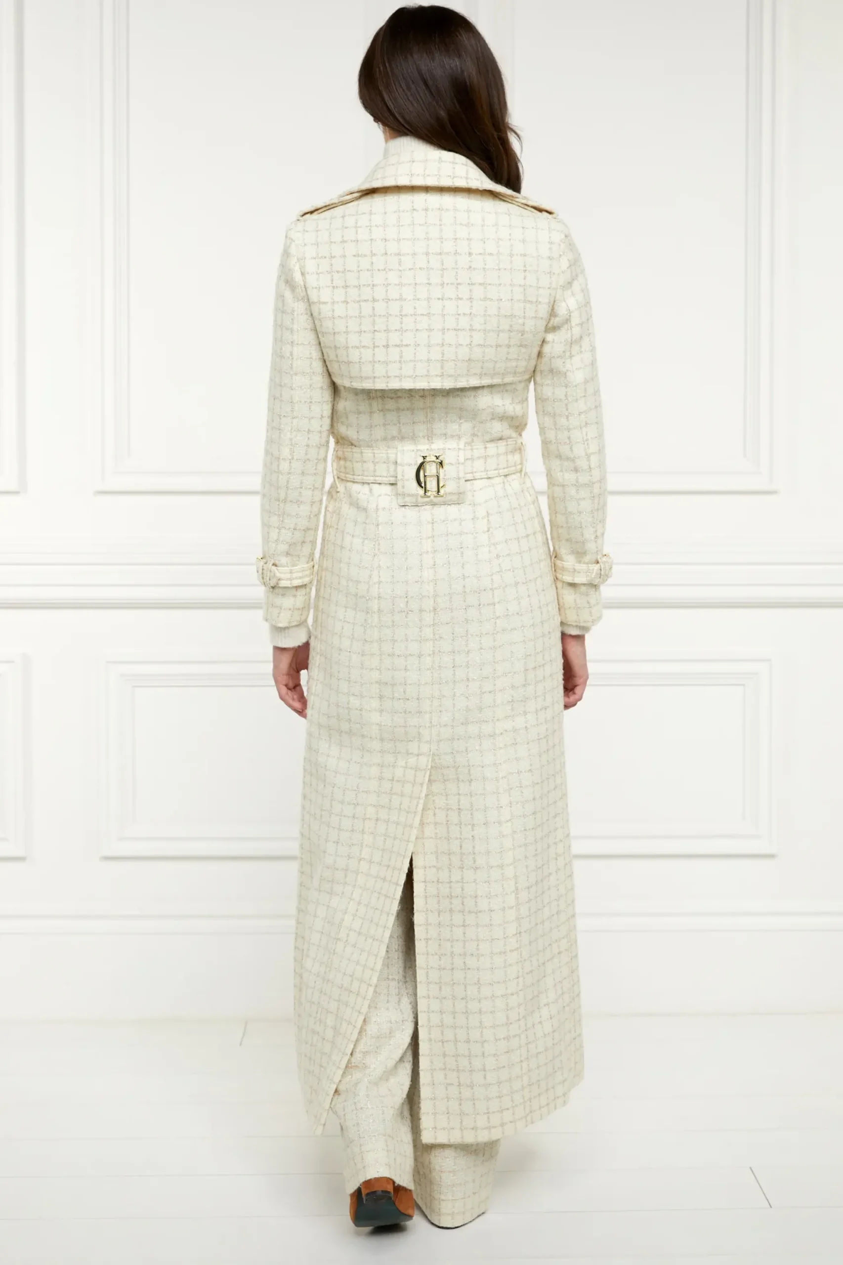 Holland Cooper Full Length Marlborough Trench Coat Ivory Sparkle Tweed Outlet