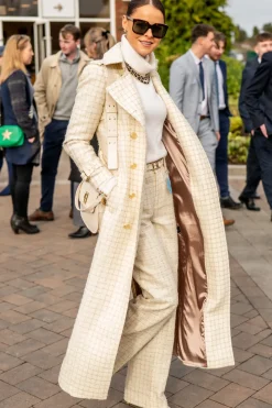 Holland Cooper Full Length Marlborough Trench Coat Ivory Sparkle Tweed Outlet