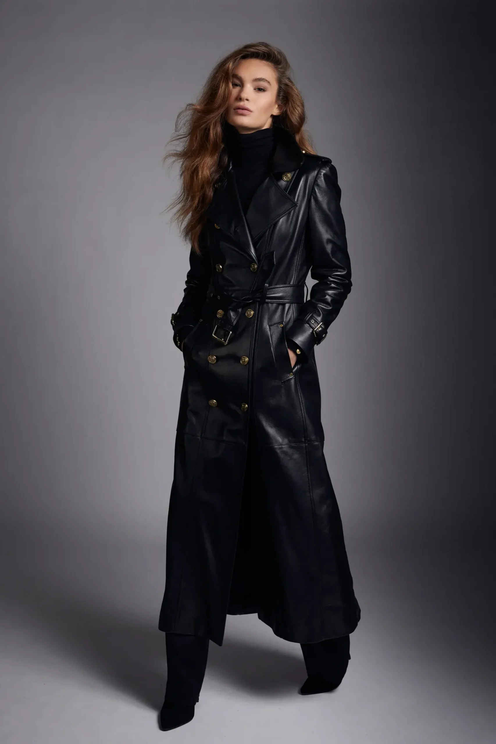 Holland Cooper Full Length Marlborough Trench Coat Valencia Leather Black Clearance