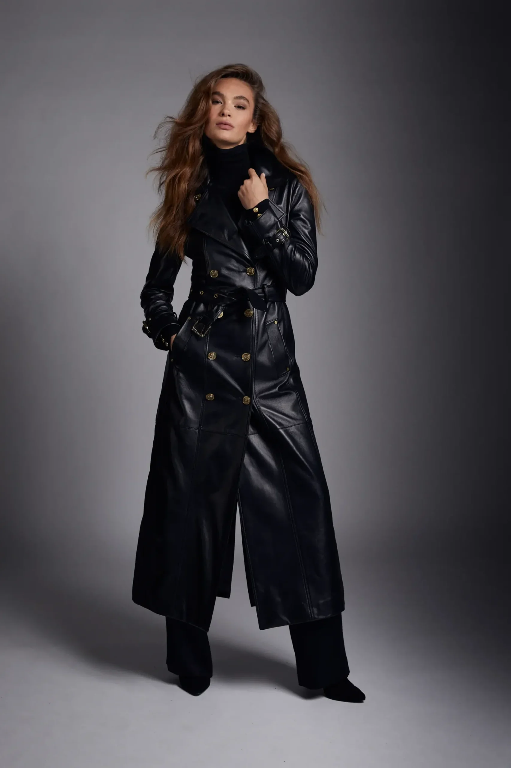 Holland Cooper Full Length Marlborough Trench Coat Valencia Leather Black Clearance