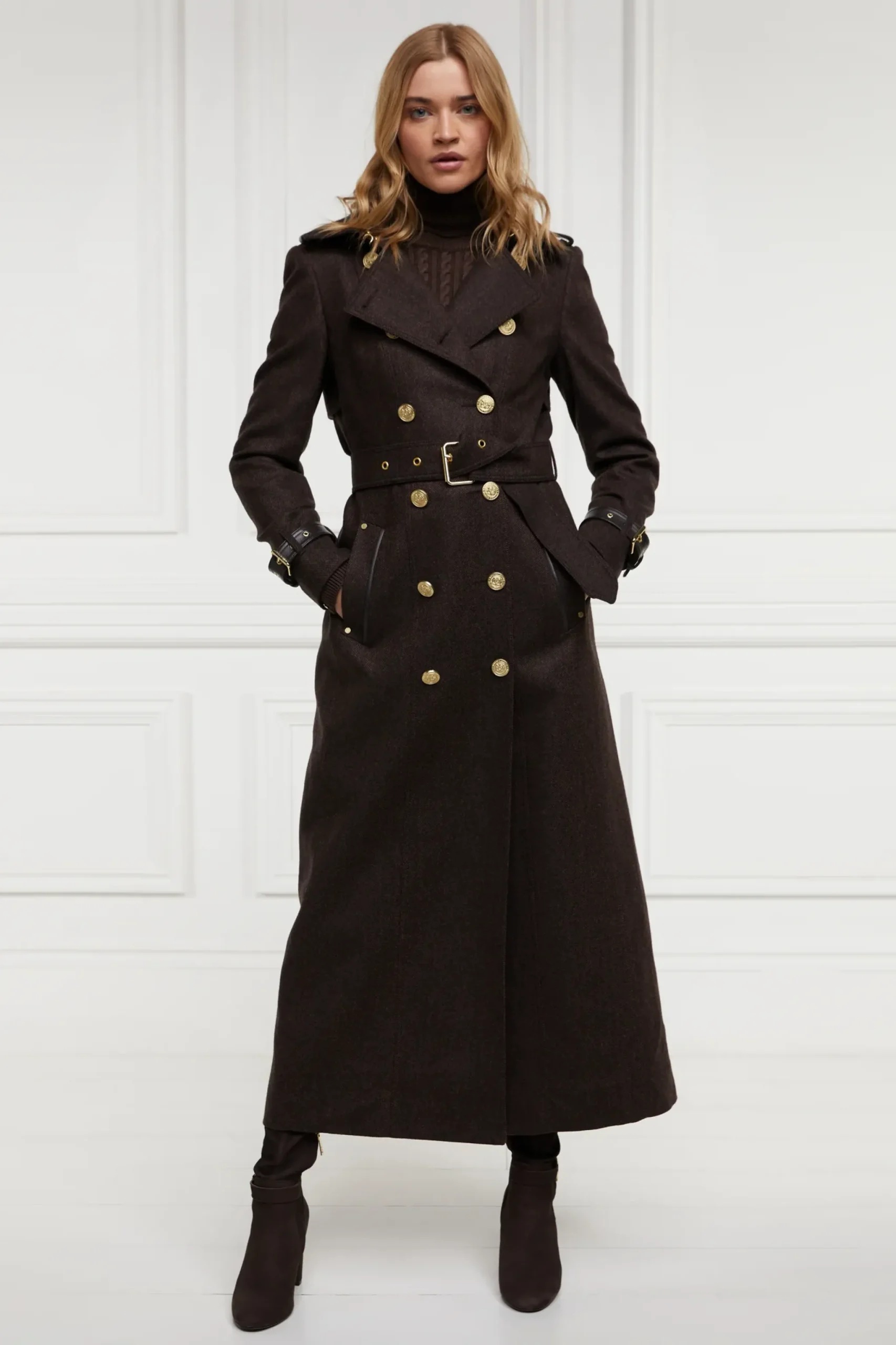 Holland Cooper Full Length Marlborough Trench Coat Chocolate Herringbone New